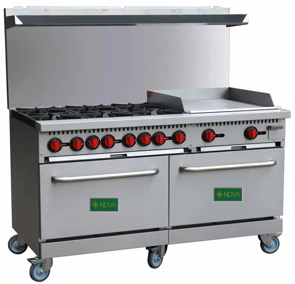 NOVA R10-G24-P-C 60" 6 Burner Gas Range w/24" Griddle - Standard Ovens w/Casters, Liquid Propane