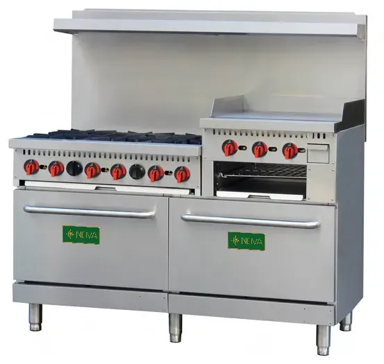 NOVA R10-RGB24-N-C 60" 6 Burner Gas Range w/24" Raised Griddle - Standard Ovens w/Casters, Natural Gas